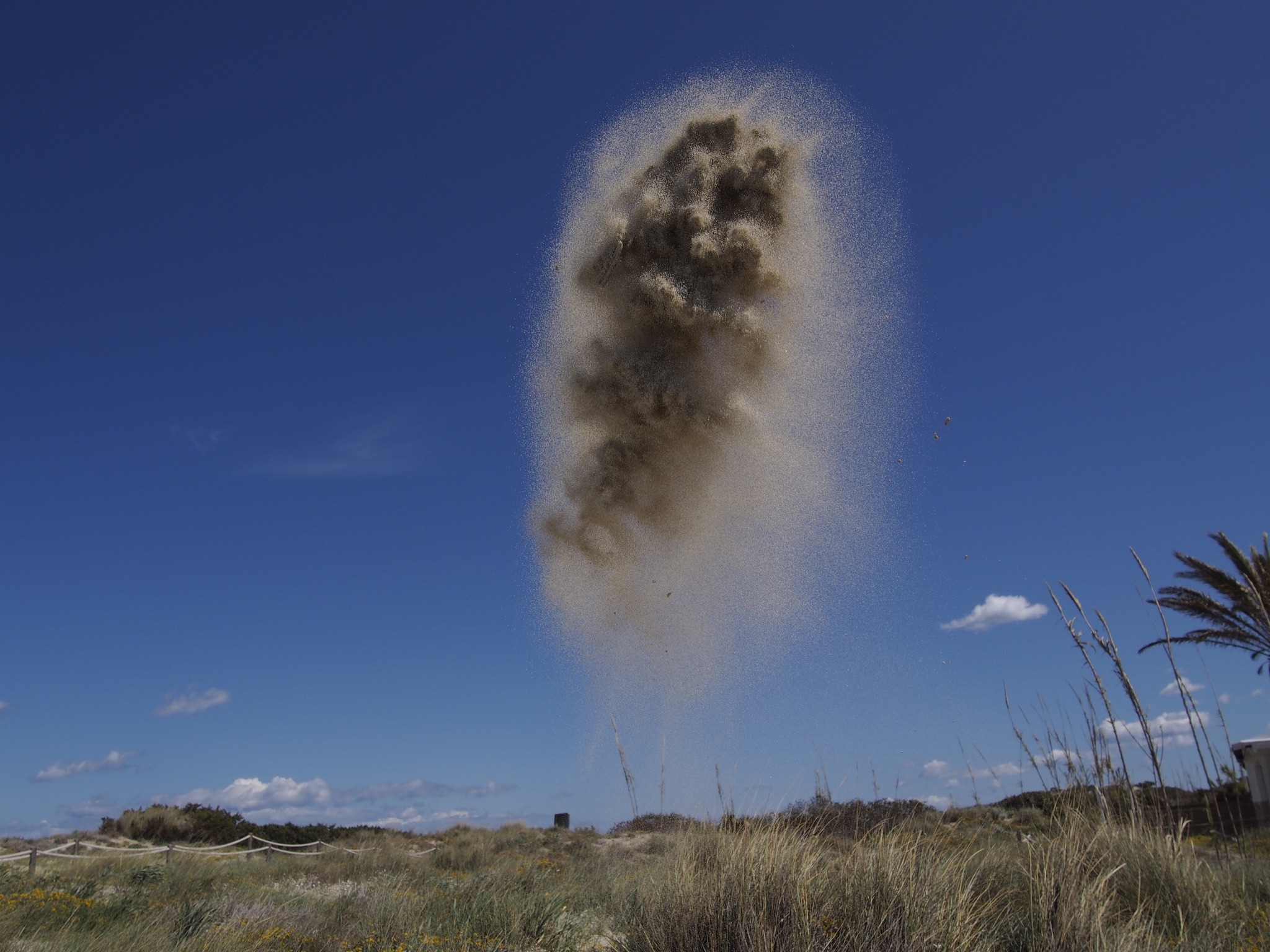 In die Luft geworfener Sand bildet eine Wolke über Küstendünen